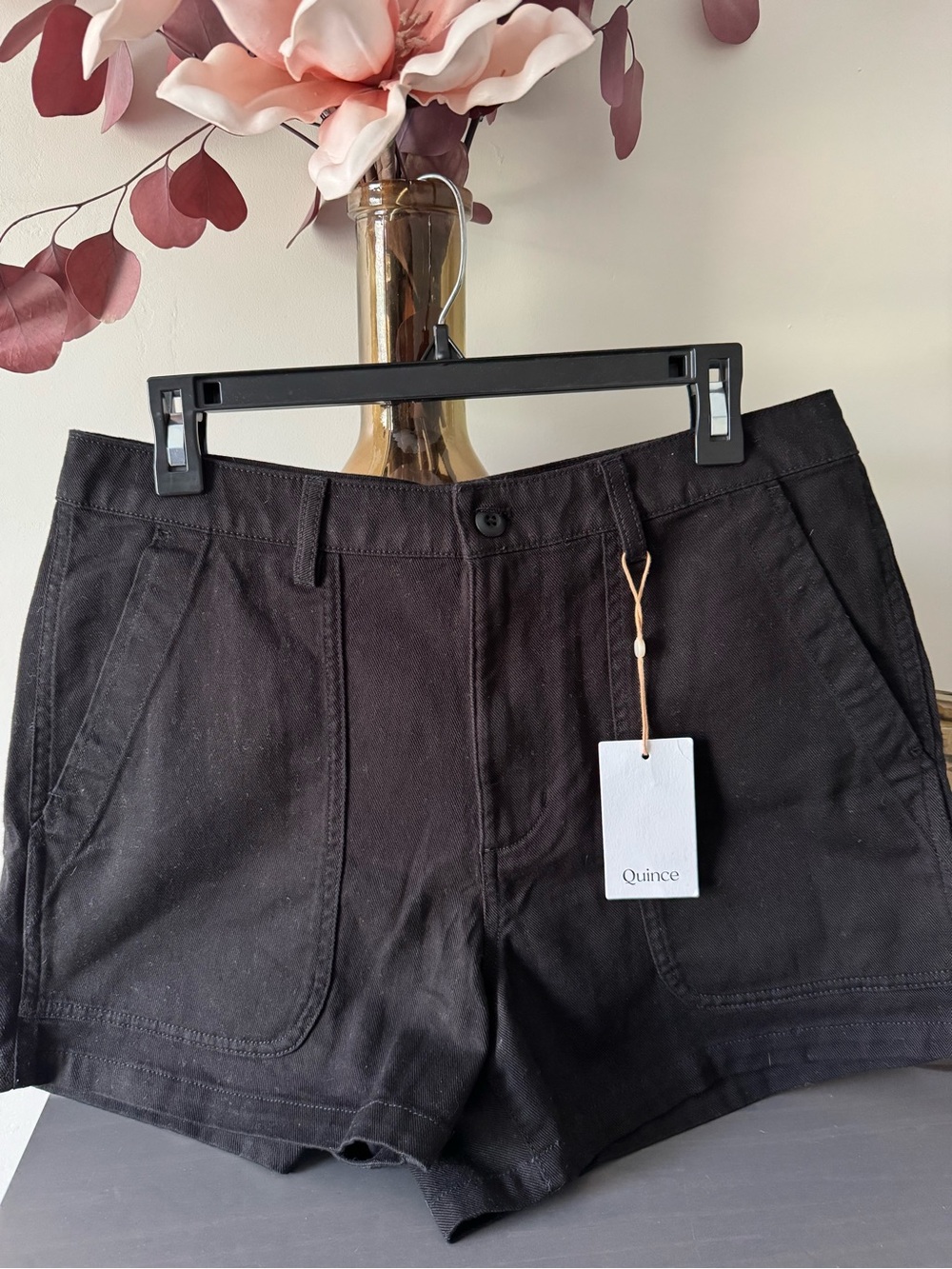 Quince Organic Stretch Cotton Twill Utility Shorts Black 14 NWT